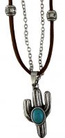 18" leather necklace with silver beads and chain with a cactus charm